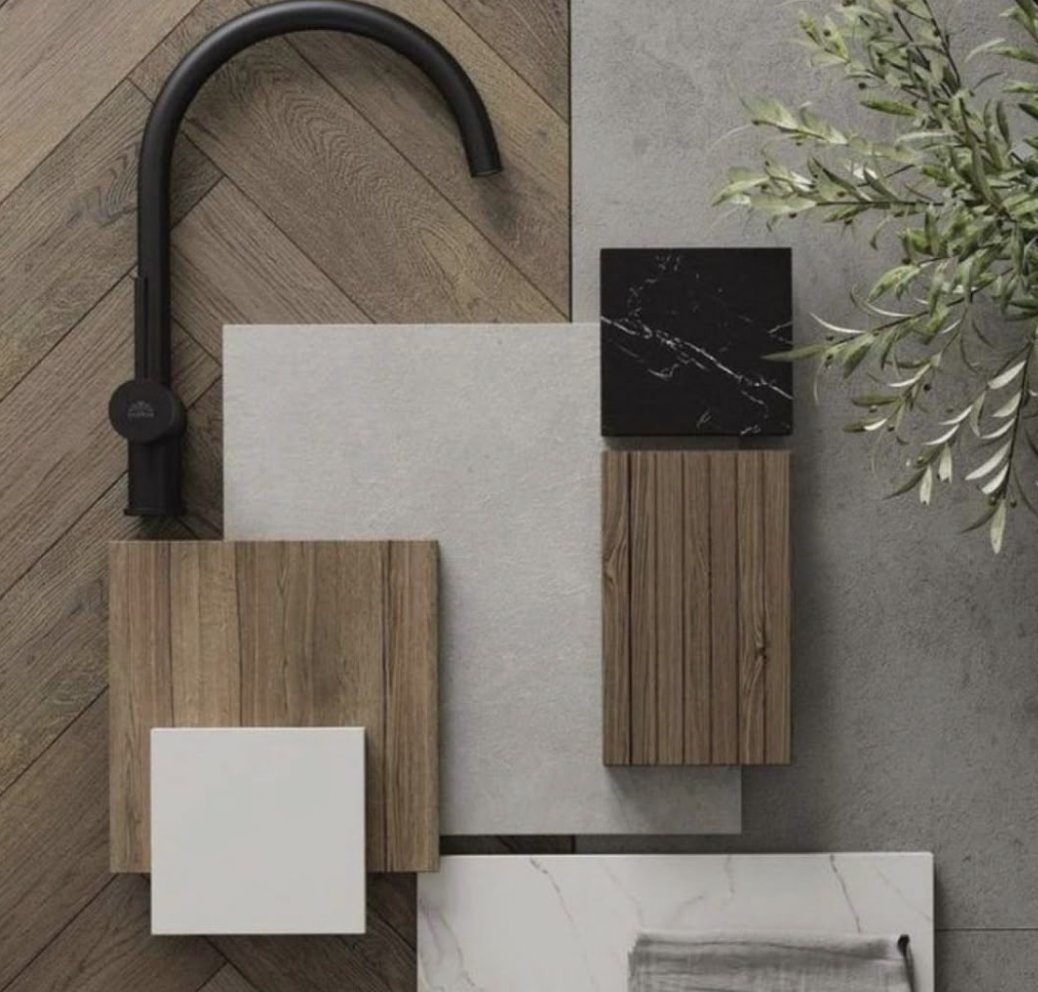 Casa Mare material moodboard — wood, stone, marble, matte black